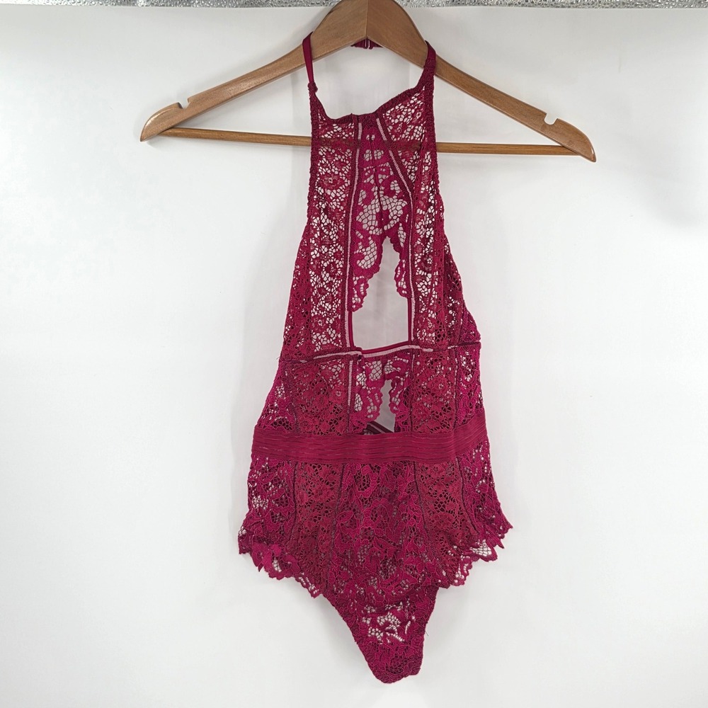 Victoria's Secret Womens Medium Burgundy Lace Halter Teddy Lingerie Bodysuit